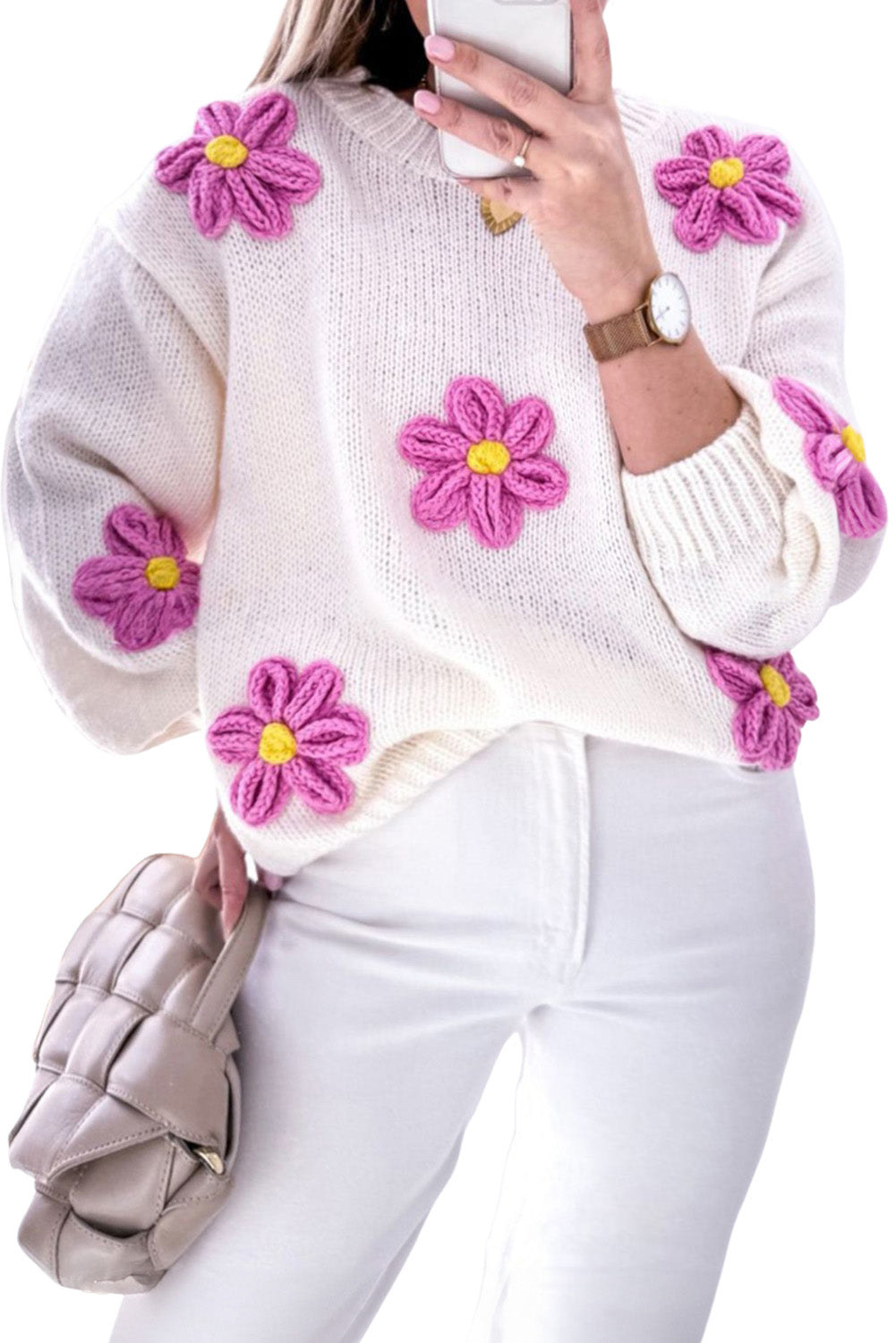 White Plus Size 60s Flower Drop Shoulder Knit Sweater