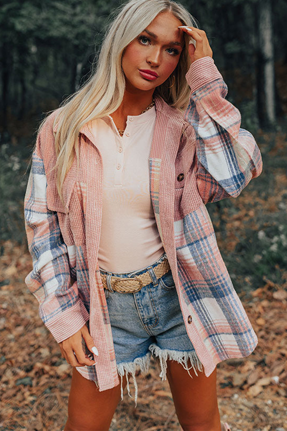 Light Pink Plaid Corduroy Patchwork Pocket Loose Shacket