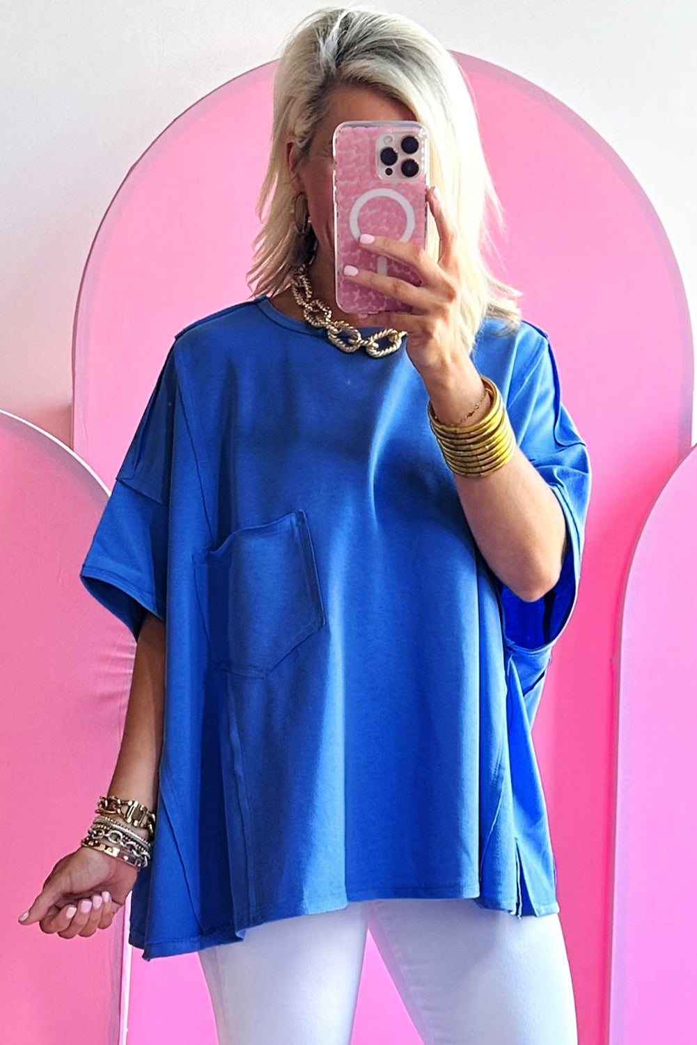 Bright Pink Patched Pocket Exposed Seam Oversized T Shirt