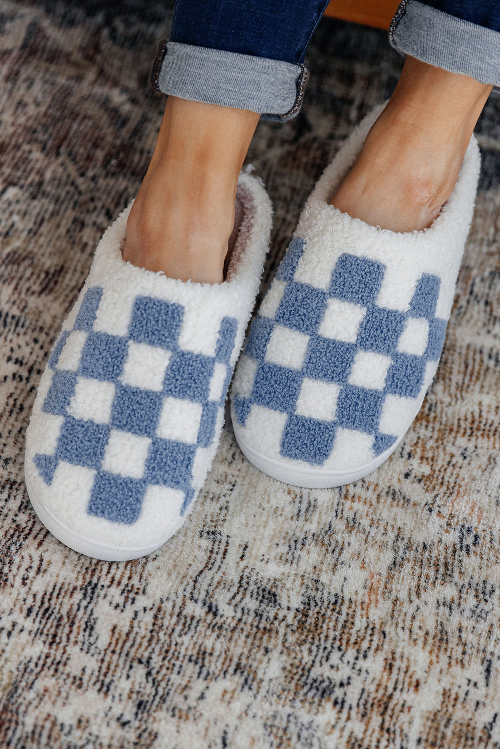 Light Blue Checkered Print Fuzzy Slip On Winter Slippers