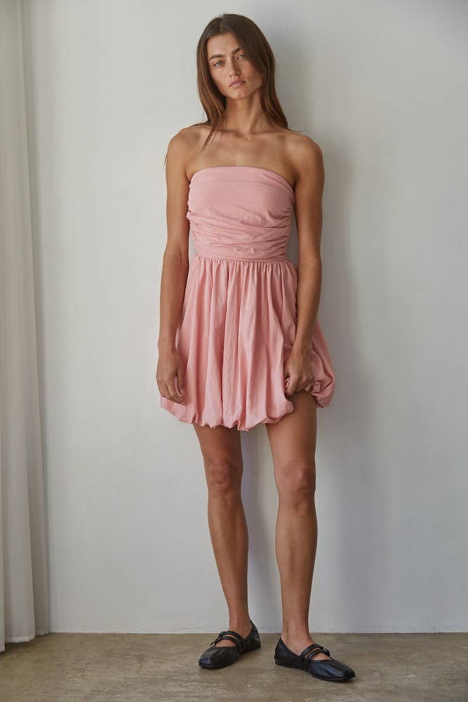 Woven Cotton Nylon Strapless Bubble Mini Dress