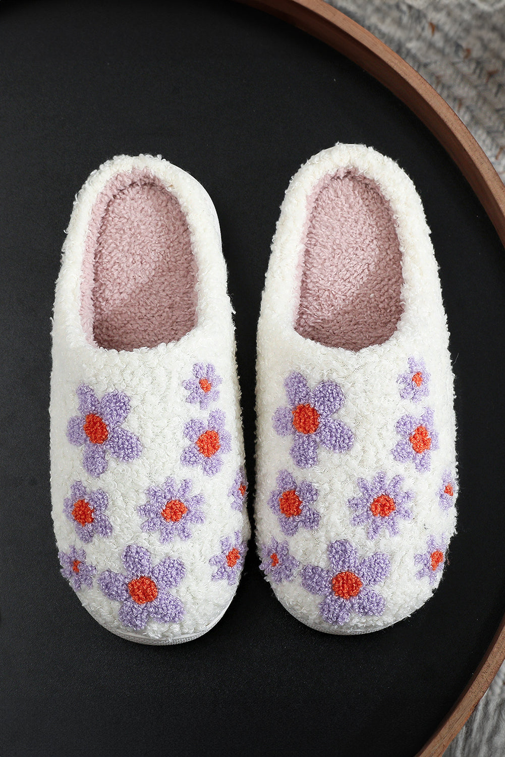 Tillandsia Purple 60s Vintage Floral Printed Plush Slippers