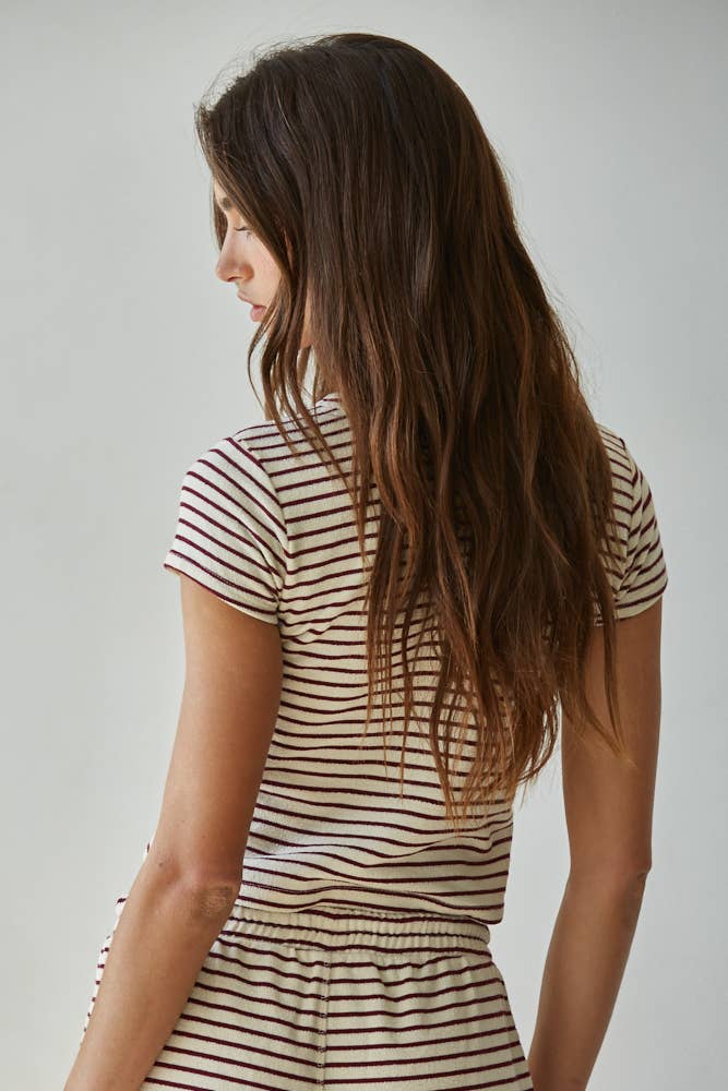 Knit Polyester Cotton Striped Short Sleeve Top