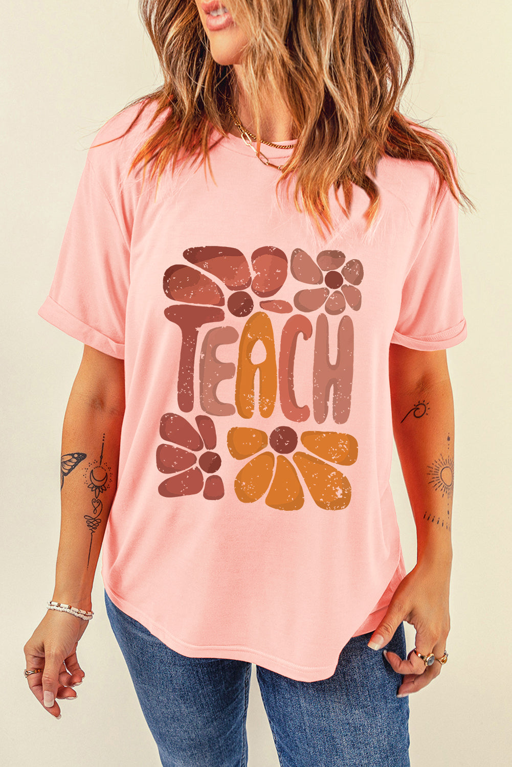 Black TEACH Crew Neck Casual T Shirt