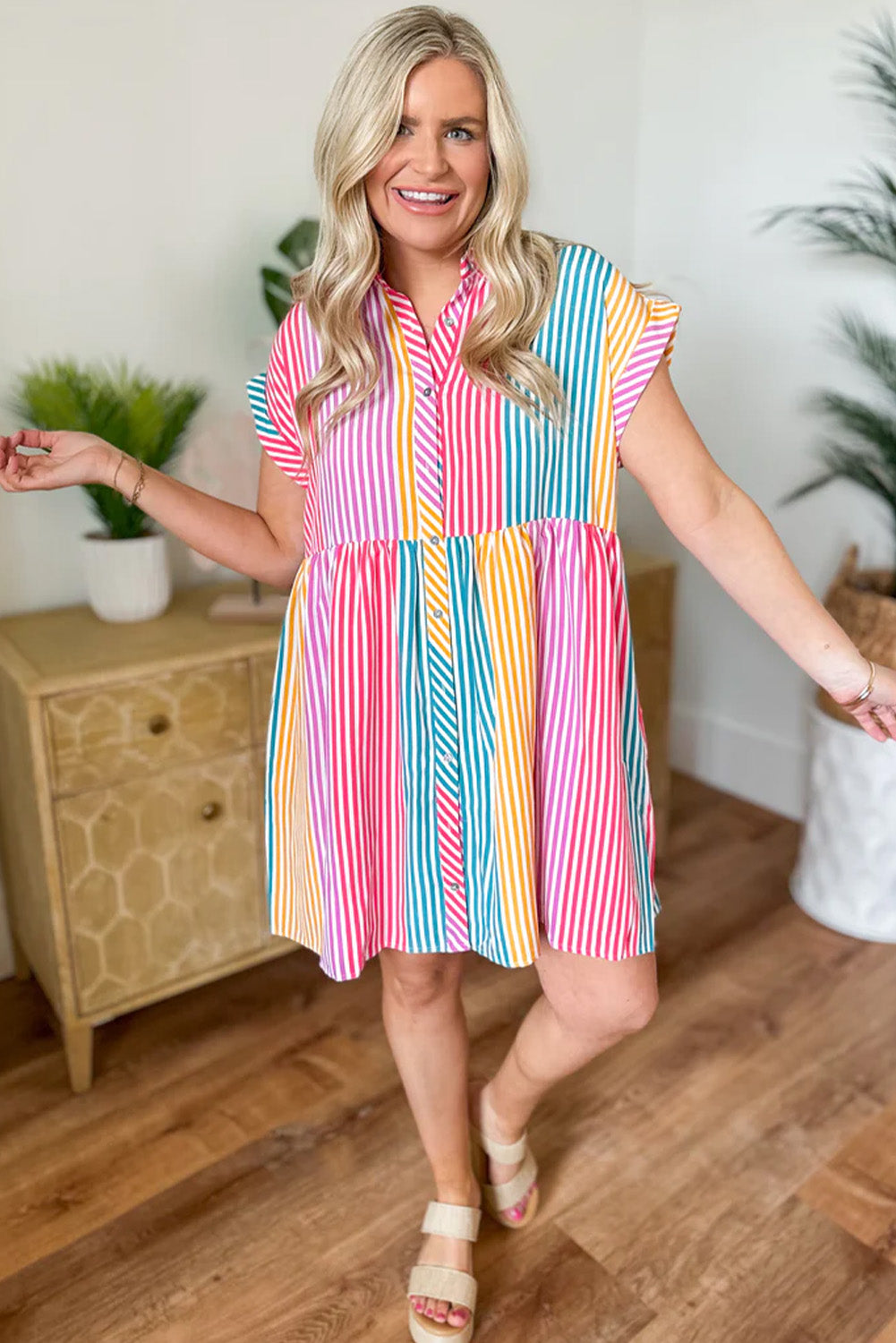 Multicolour Striped Patchwork Hidden Pocket Short Sleeve Mini Dress