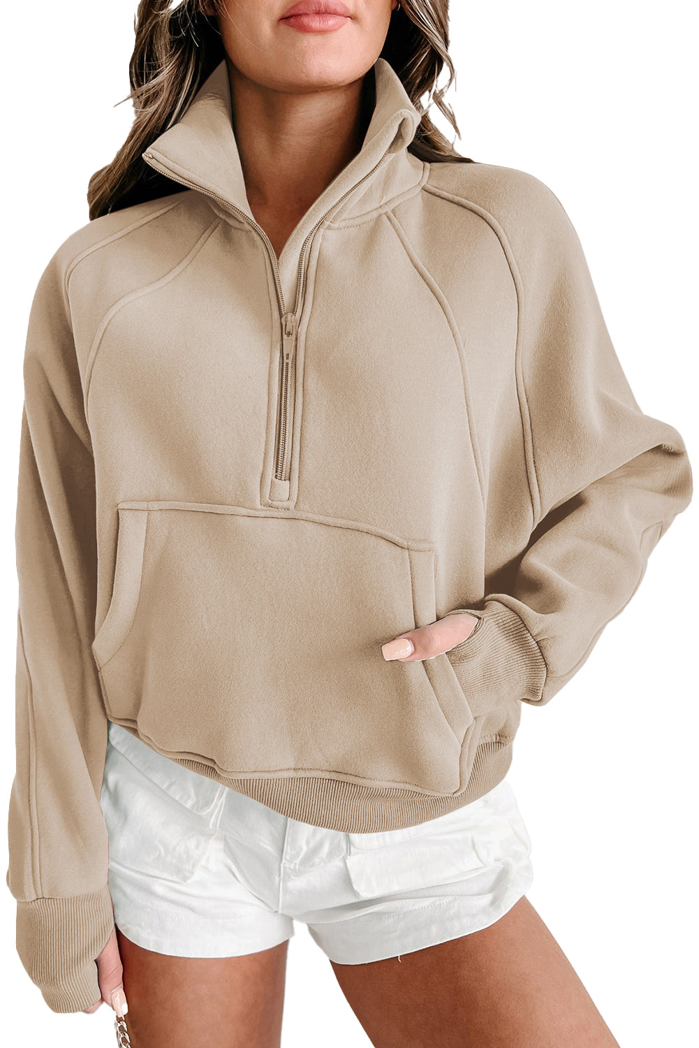 Parchment Quarter Zip Stand Neck Kangaroo Pocket Sweatshirt