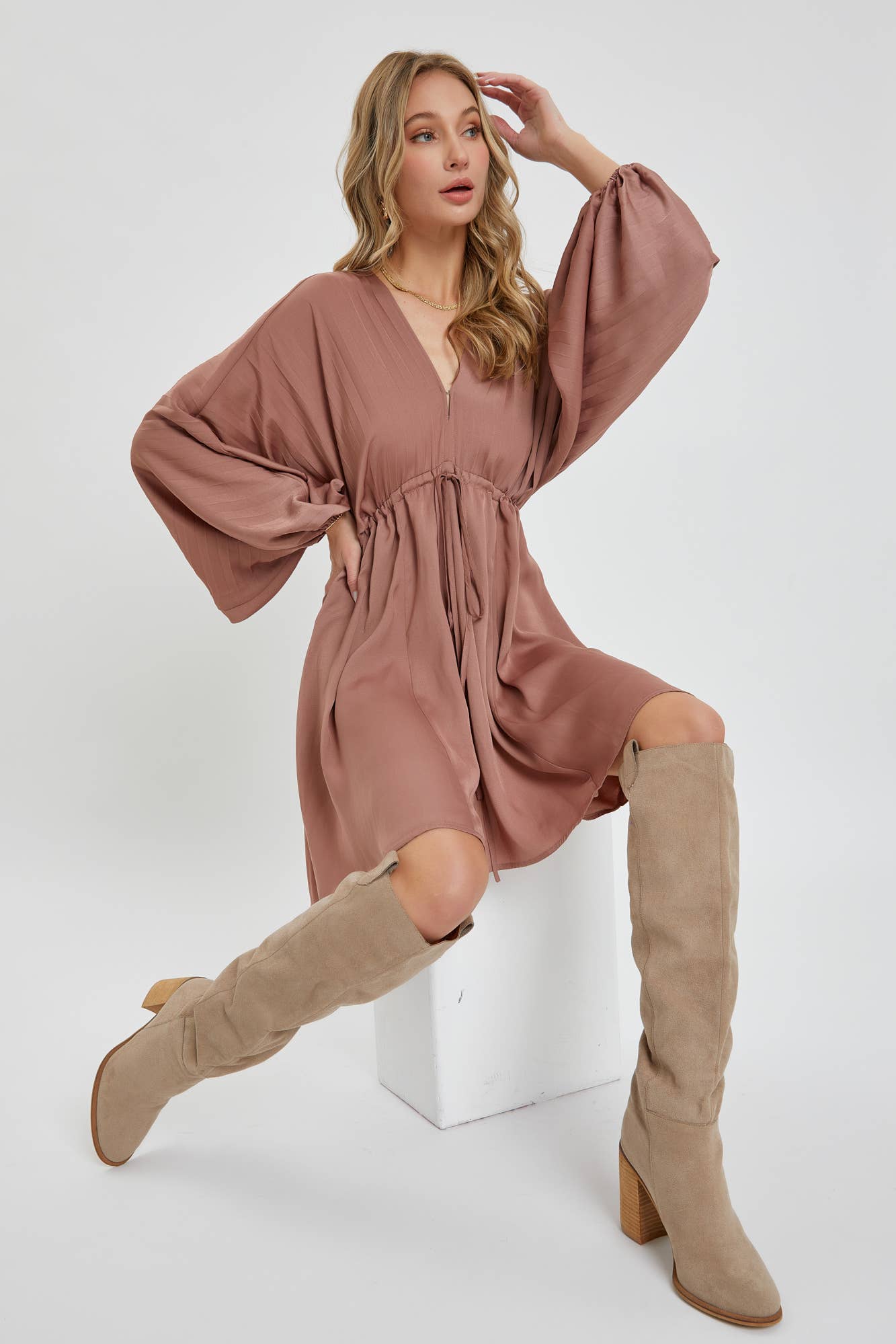 SATIN V NECK PLEATED DRESS