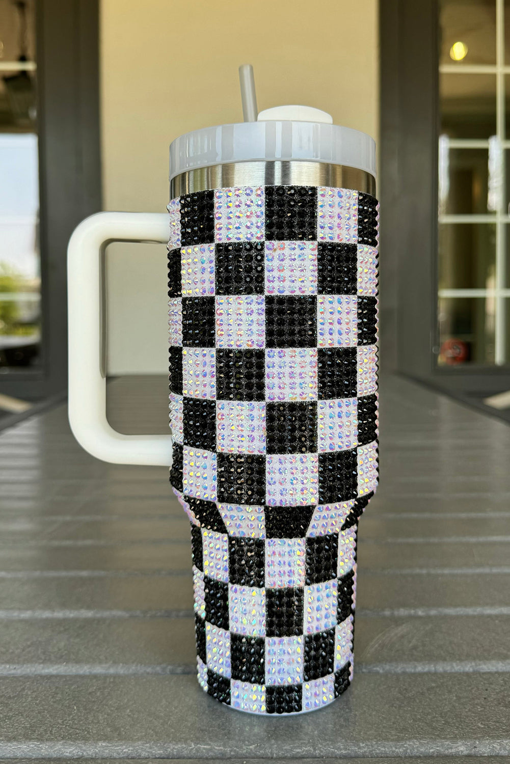 Black 40oz Rhinestone Checkered Handled Tumbler