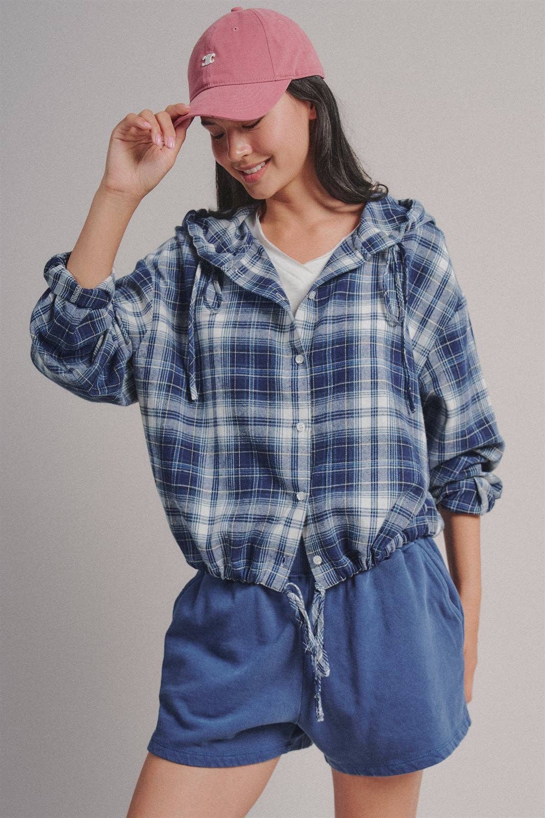 Plaid Flannel Hooded Shacket with Drawstring Hem