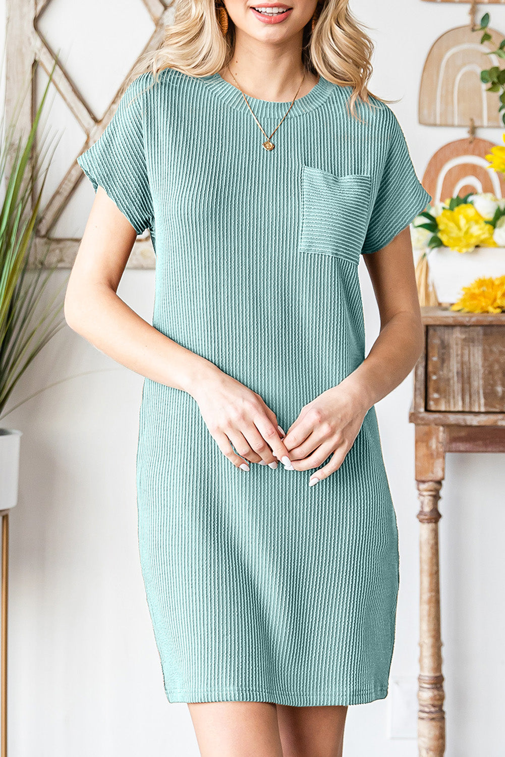 Blue Ribbed Chest Pocket Casual T Shirt Dress