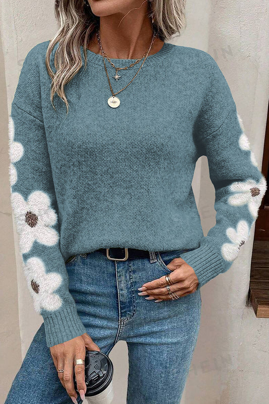 Dusk Blue Flower Sleeve Drop Shoulder Sweater