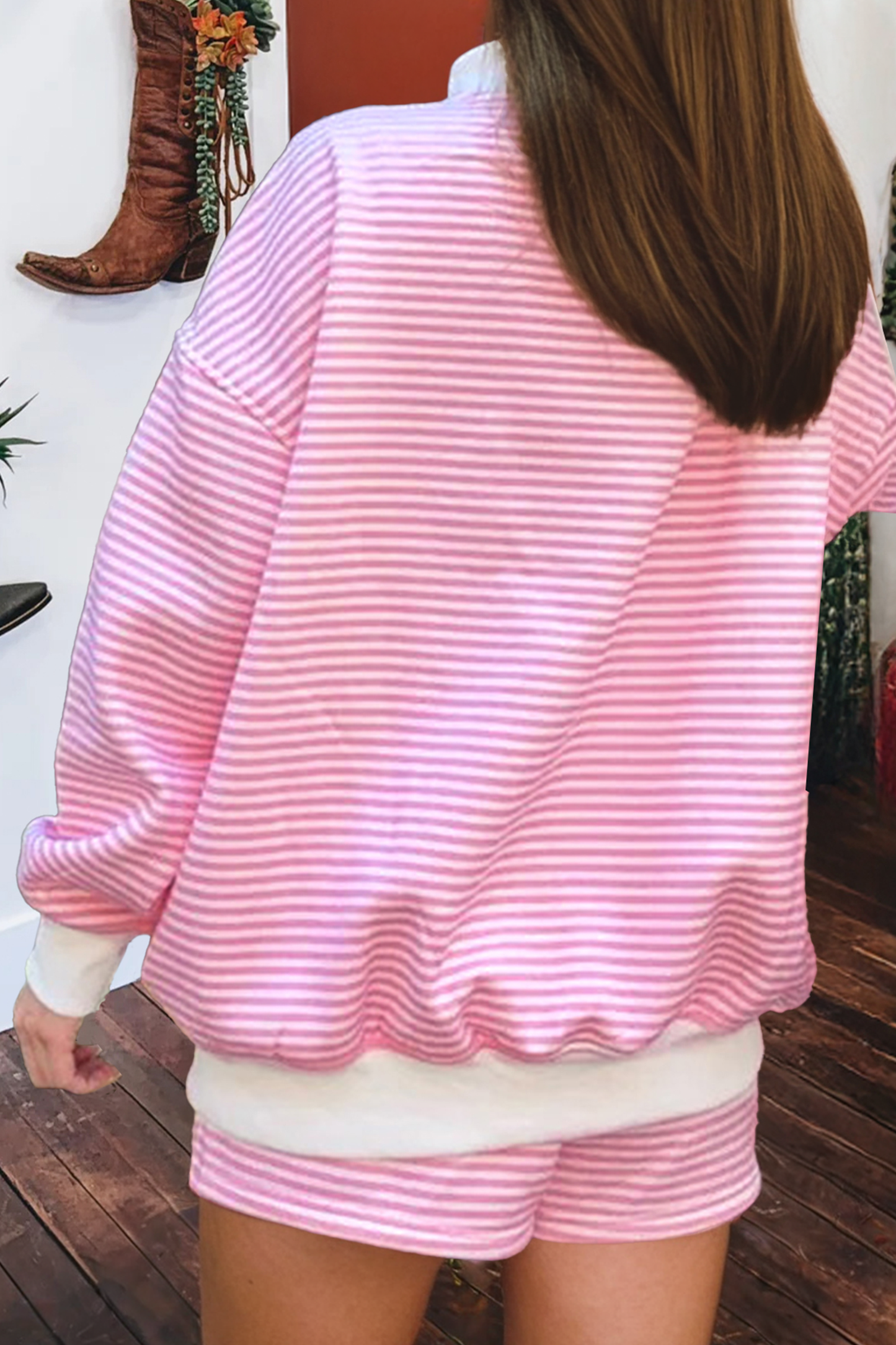 Stripe Oversize Mock Neck Sweatshirt and Shorts Set