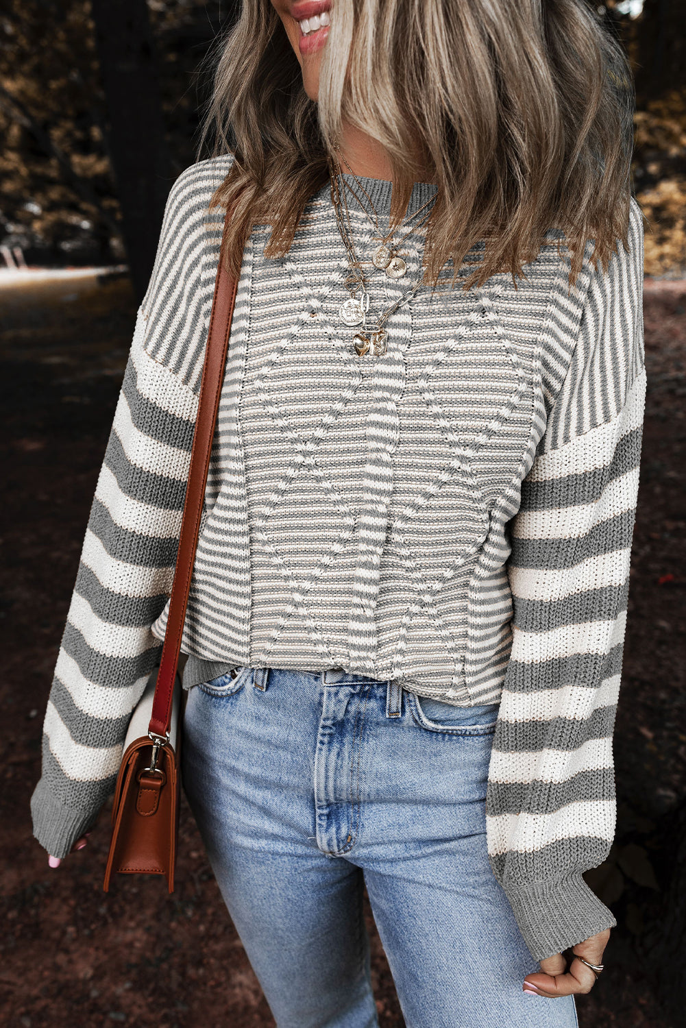 Brown Stripe Twisted Knitted Drop Shoulder Sweater