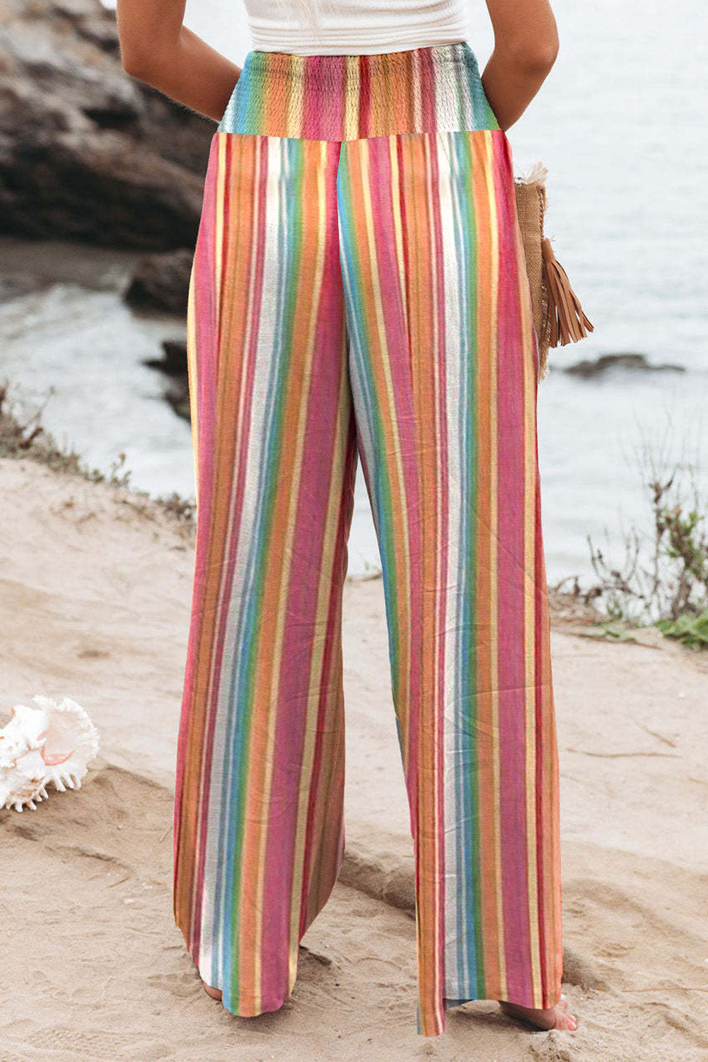 Multicolor Striped Smocked High Waisted Wide Leg Beach Pants