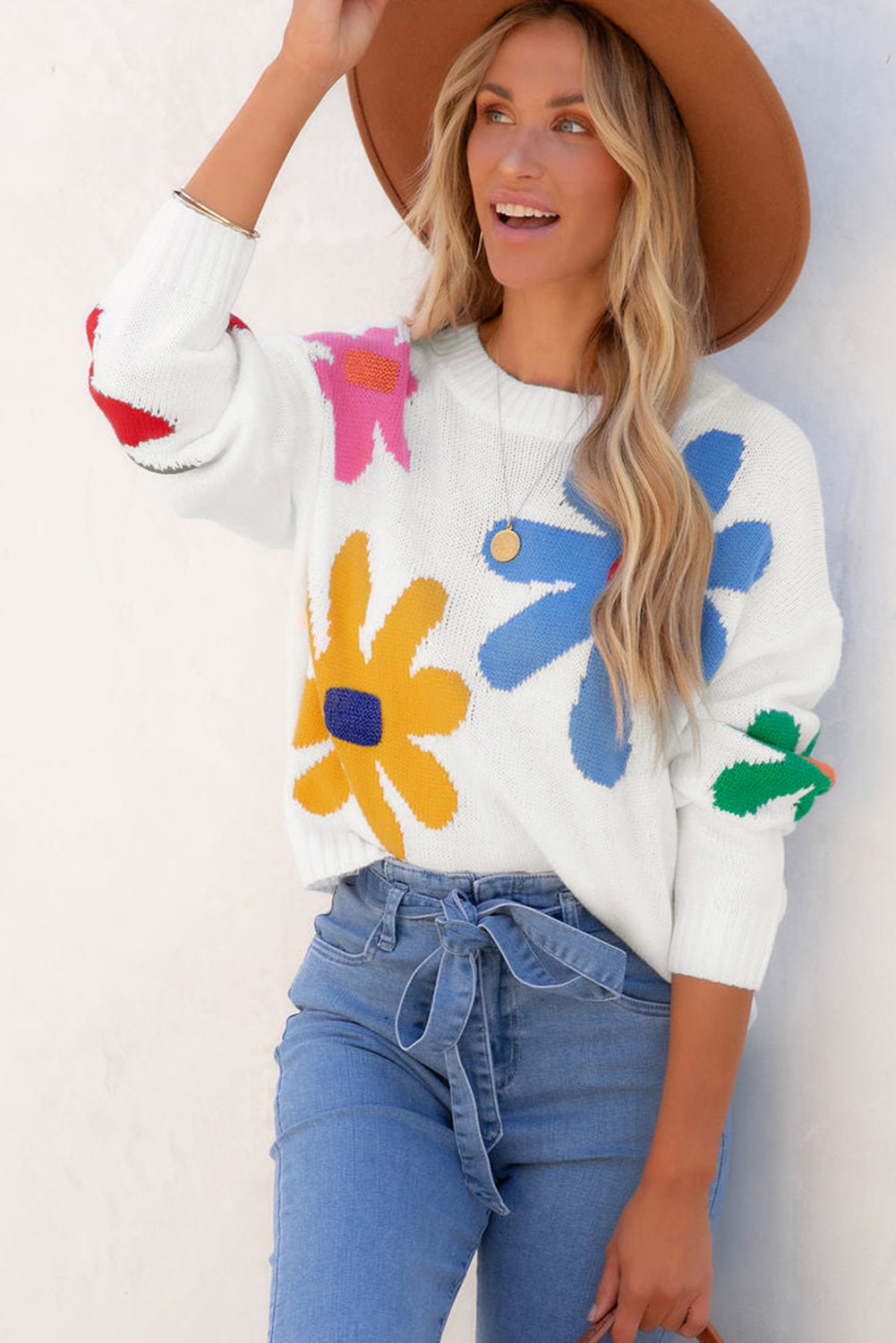 White Colorful Flower Pattern Crewneck Knitted Sweater