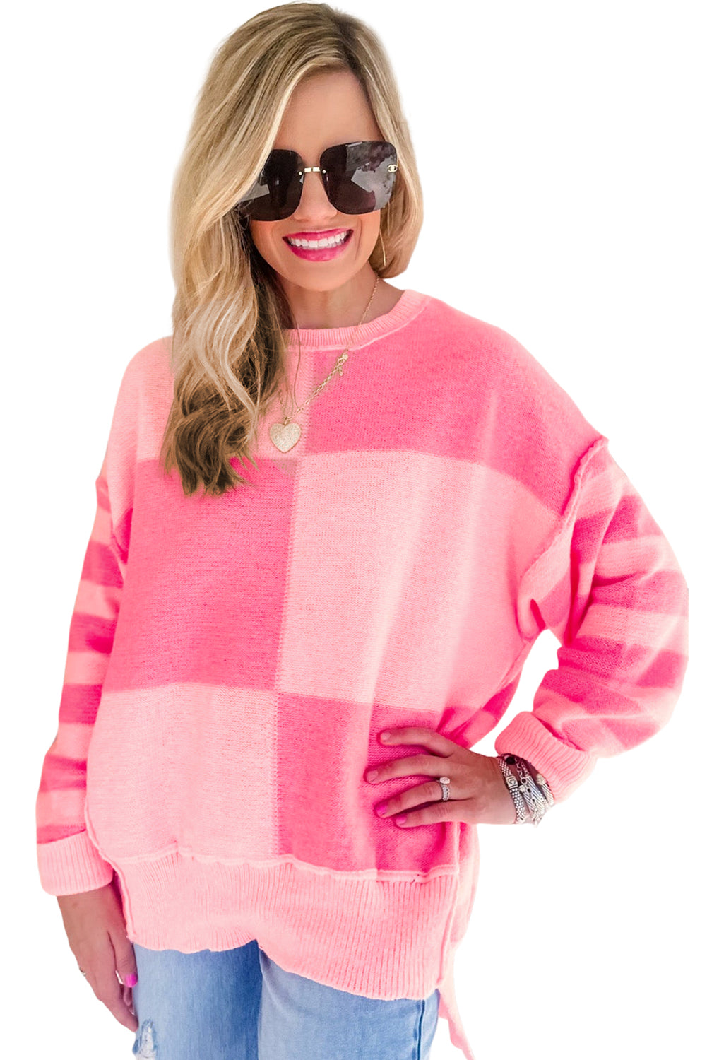 Pink Checkered Color Block Striped High Low Sweater