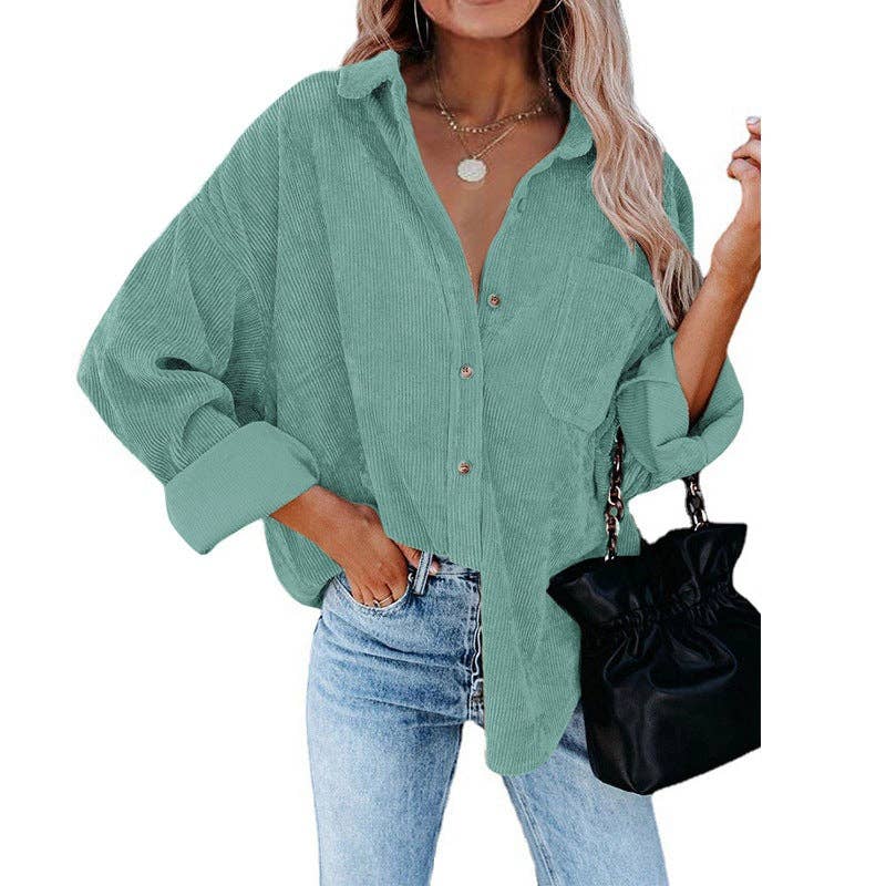 Oversized Corduroy Button-Up Shirt with Chest Pocket