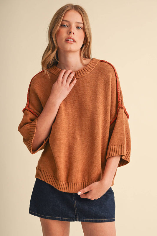 SHORT SLV SWEATER W CONTRAST BLANKET STITCH MSW11471