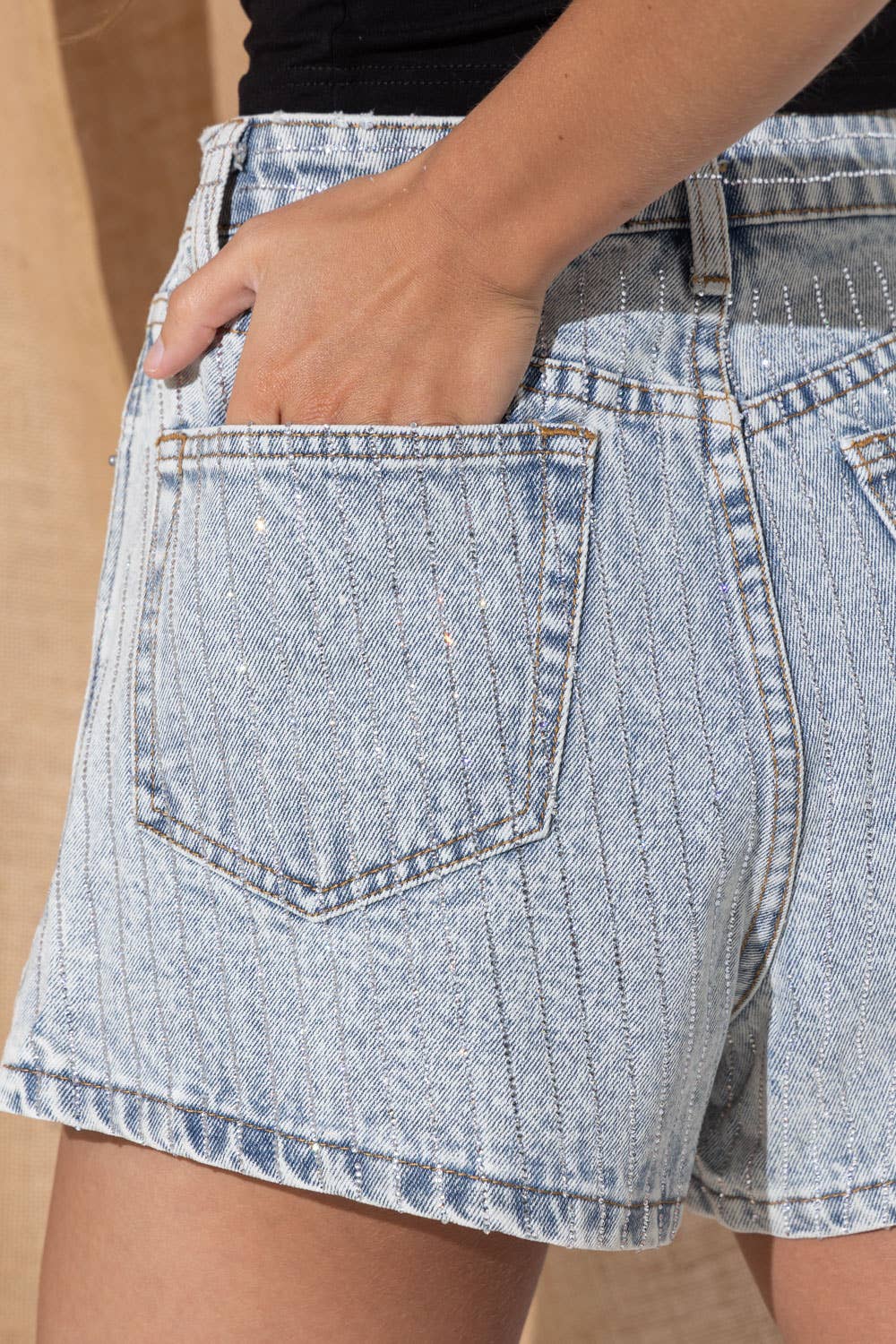 Crystal Mini Stud Washed Denim Shorts Side Slit