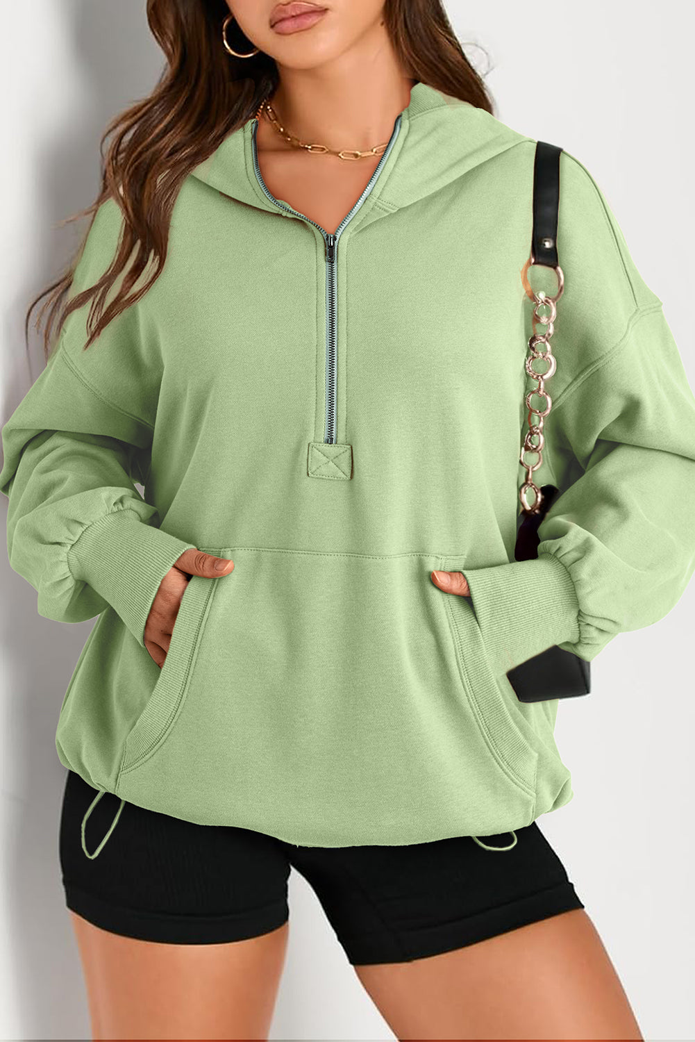 Parchment Kangaroo Pocket Half Zipper Oversized Hoodie