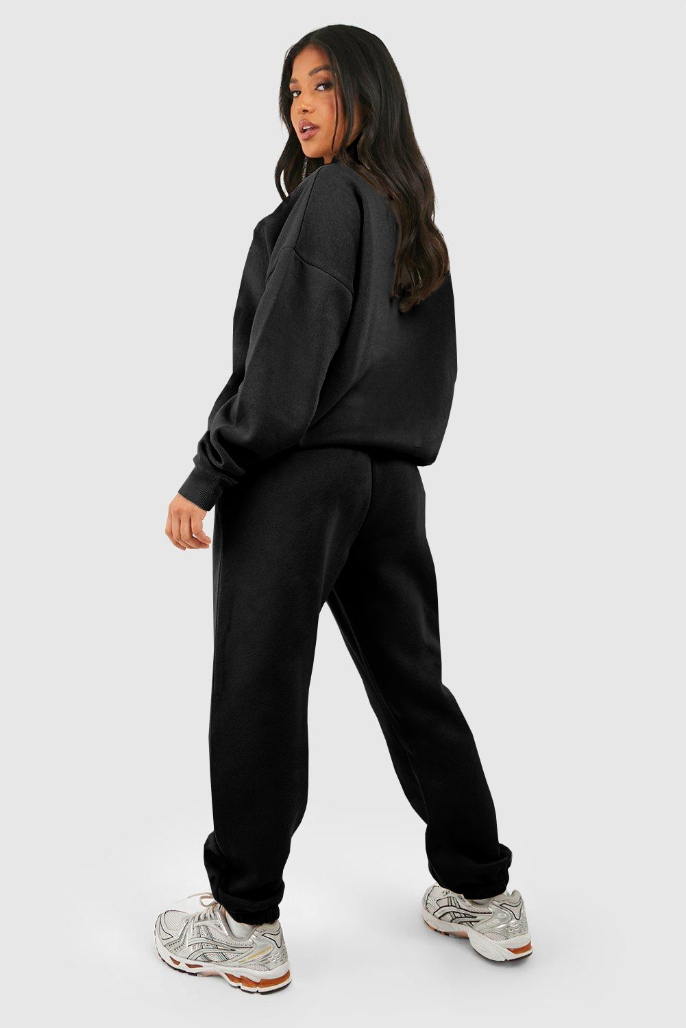 Black Plain Half Zip V Neck Top & Ribbed Edge Loose Pants Sets