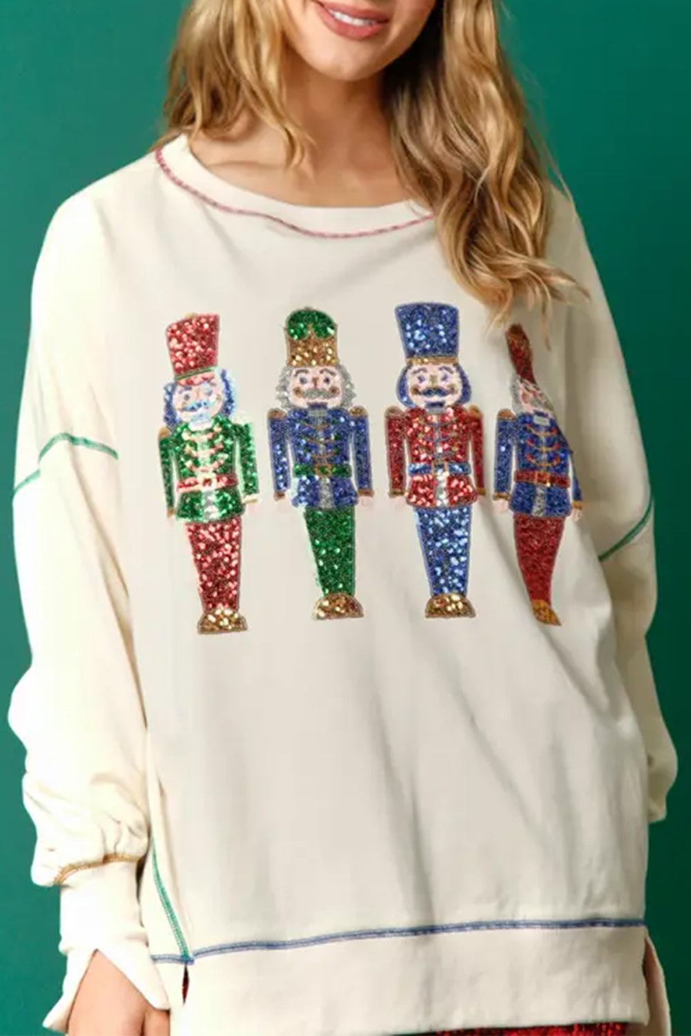 White Sequin Christmas Nutcracker Round Neck Sweatshirt