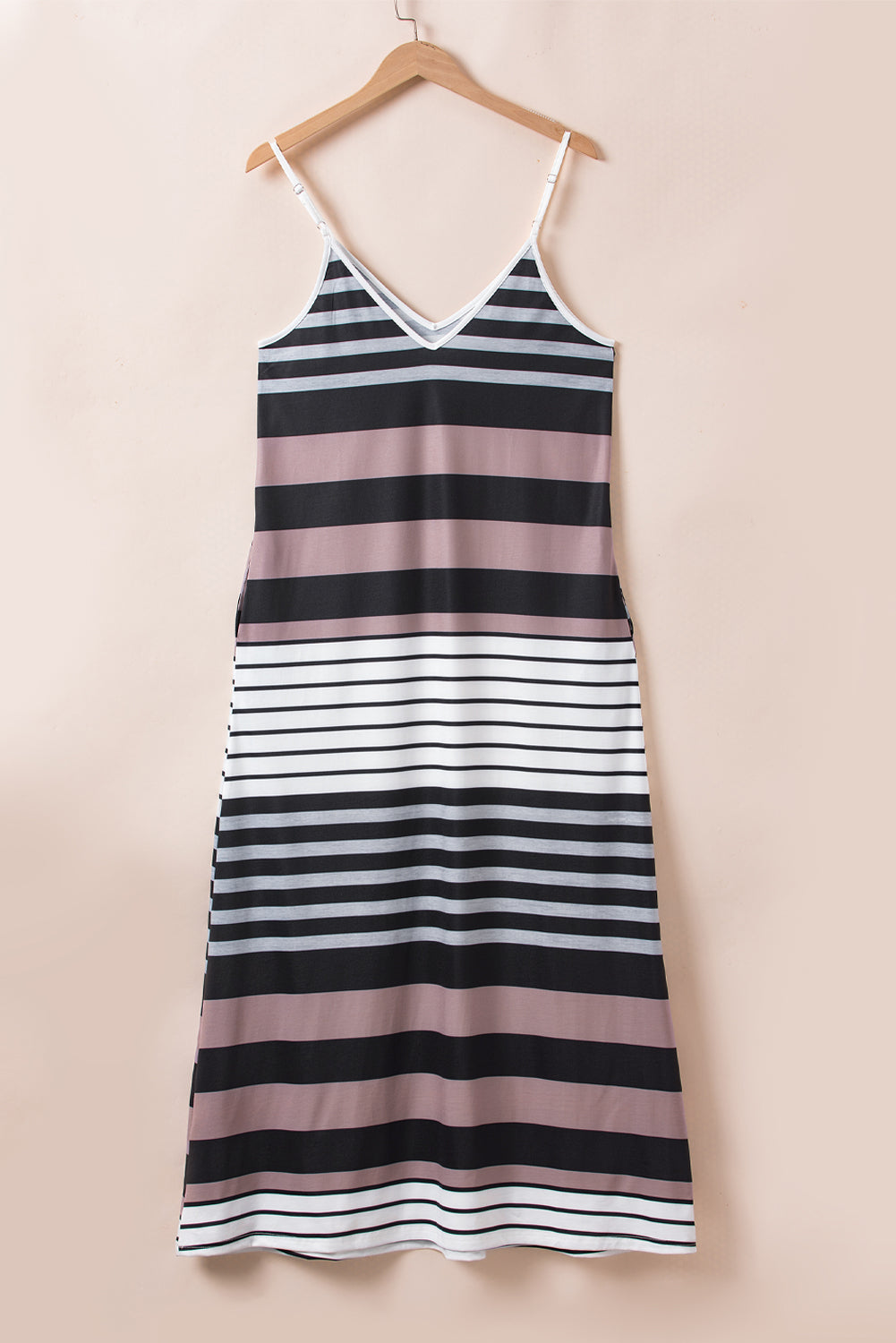 Multicolour Stripes Spaghetti Straps V Neck Maxi Dress