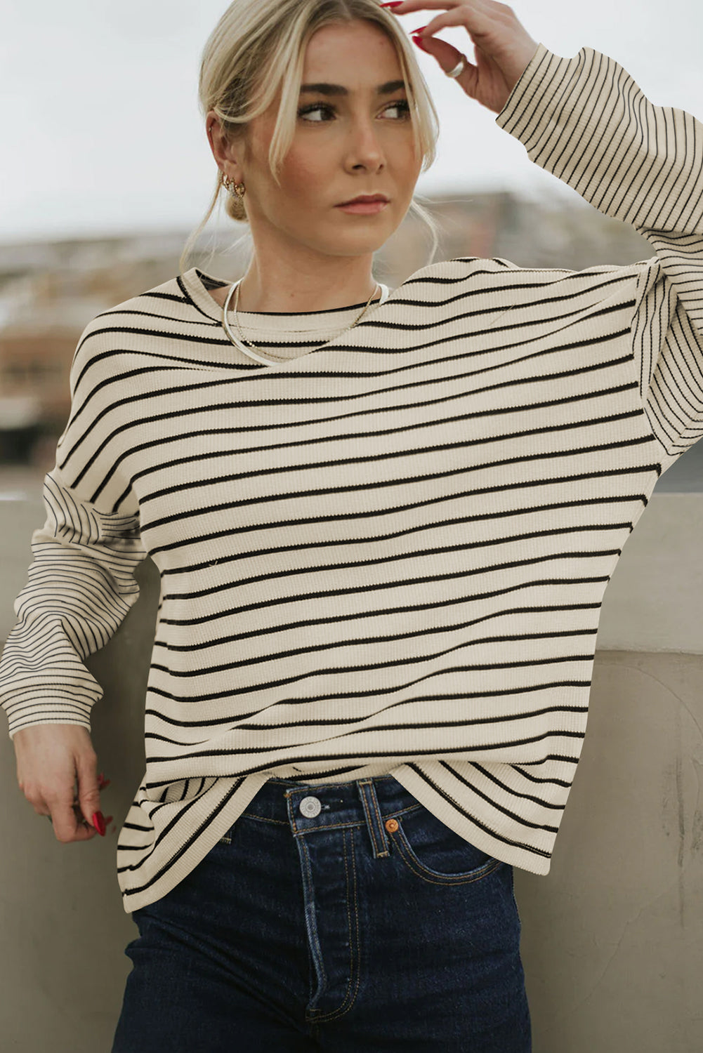 Black Patchwork Striped Loose Long Sleeve Tee