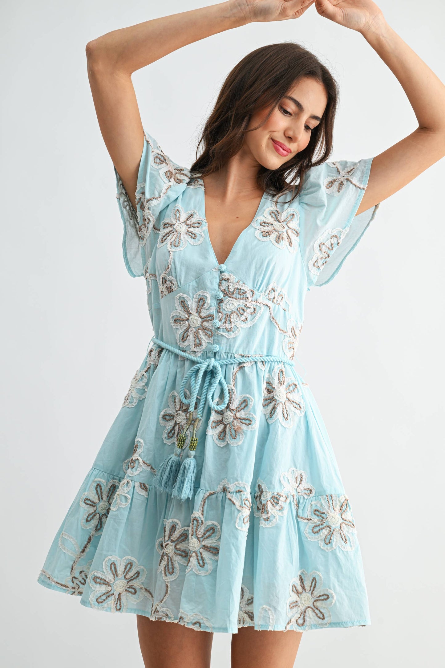 Embroidered Floral Short Sleeve Dress with Belt