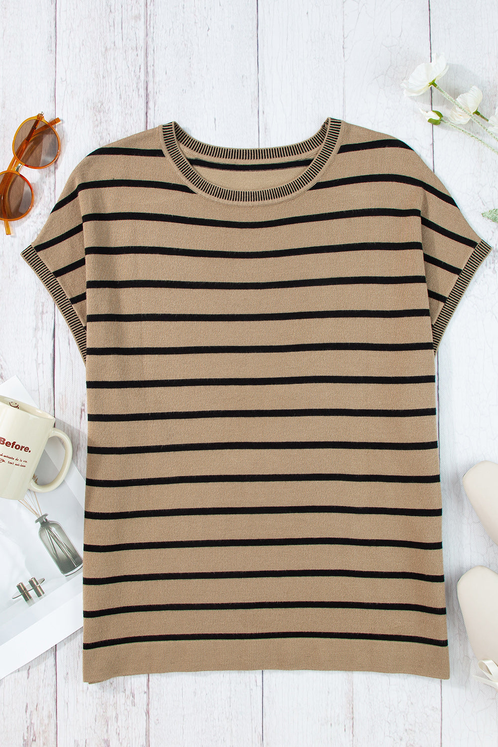 Khaki Stripe Knitted Dolman T Shirt