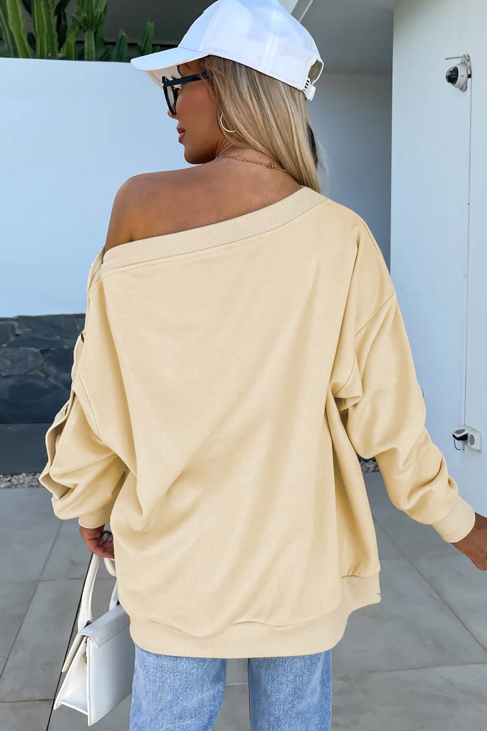 Beige Buttoned Sleeve Asymmetric Neck Oversized Sweatshirt