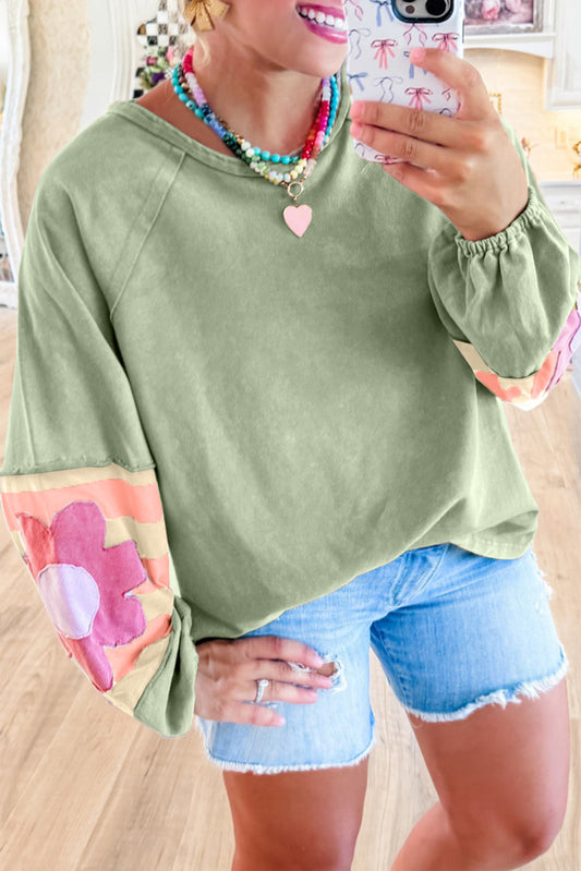 Smoke Green Flower Patchwork Exposed Seam Raglan Sleeve Top