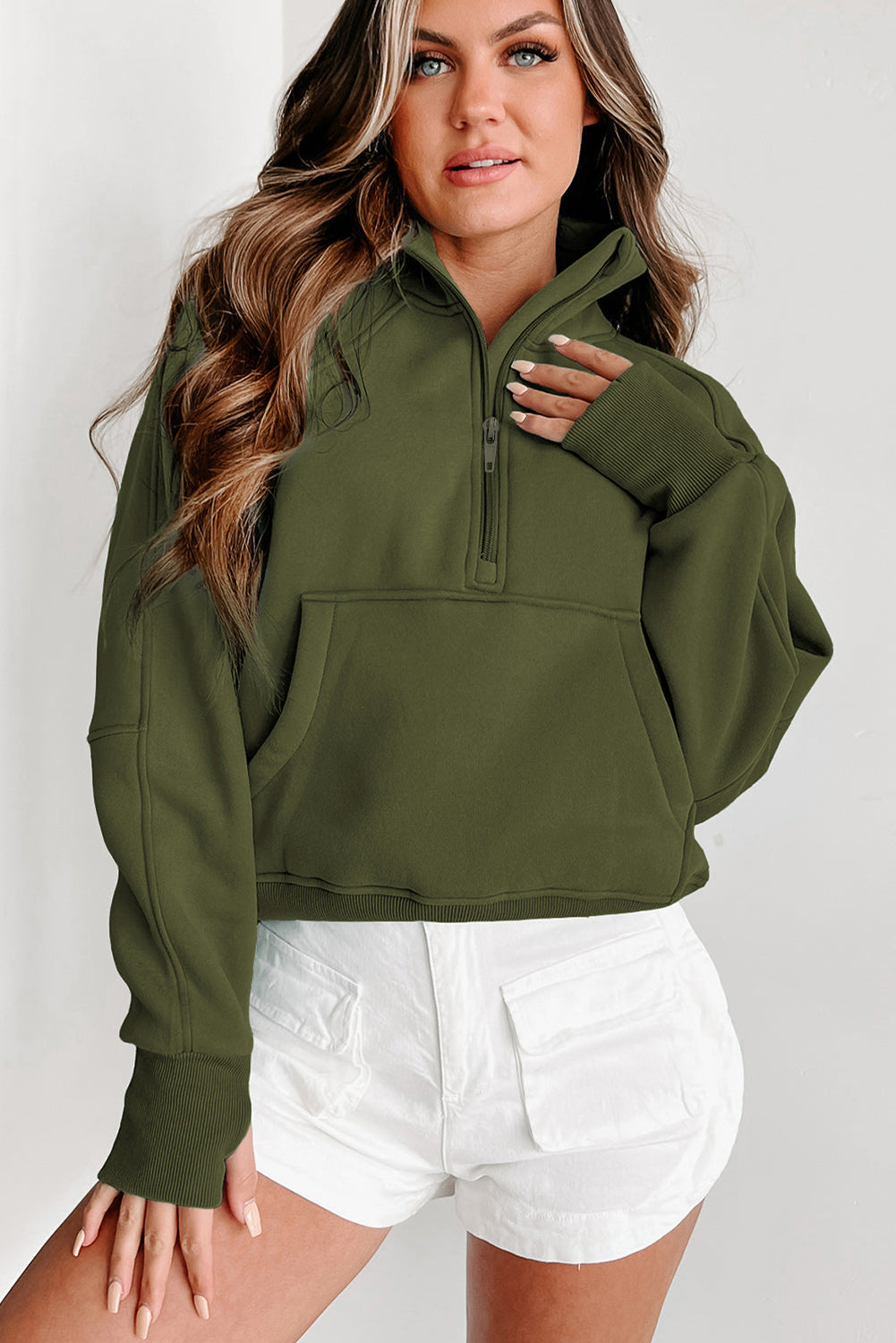 Parchment Quarter Zip Stand Neck Kangaroo Pocket Sweatshirt