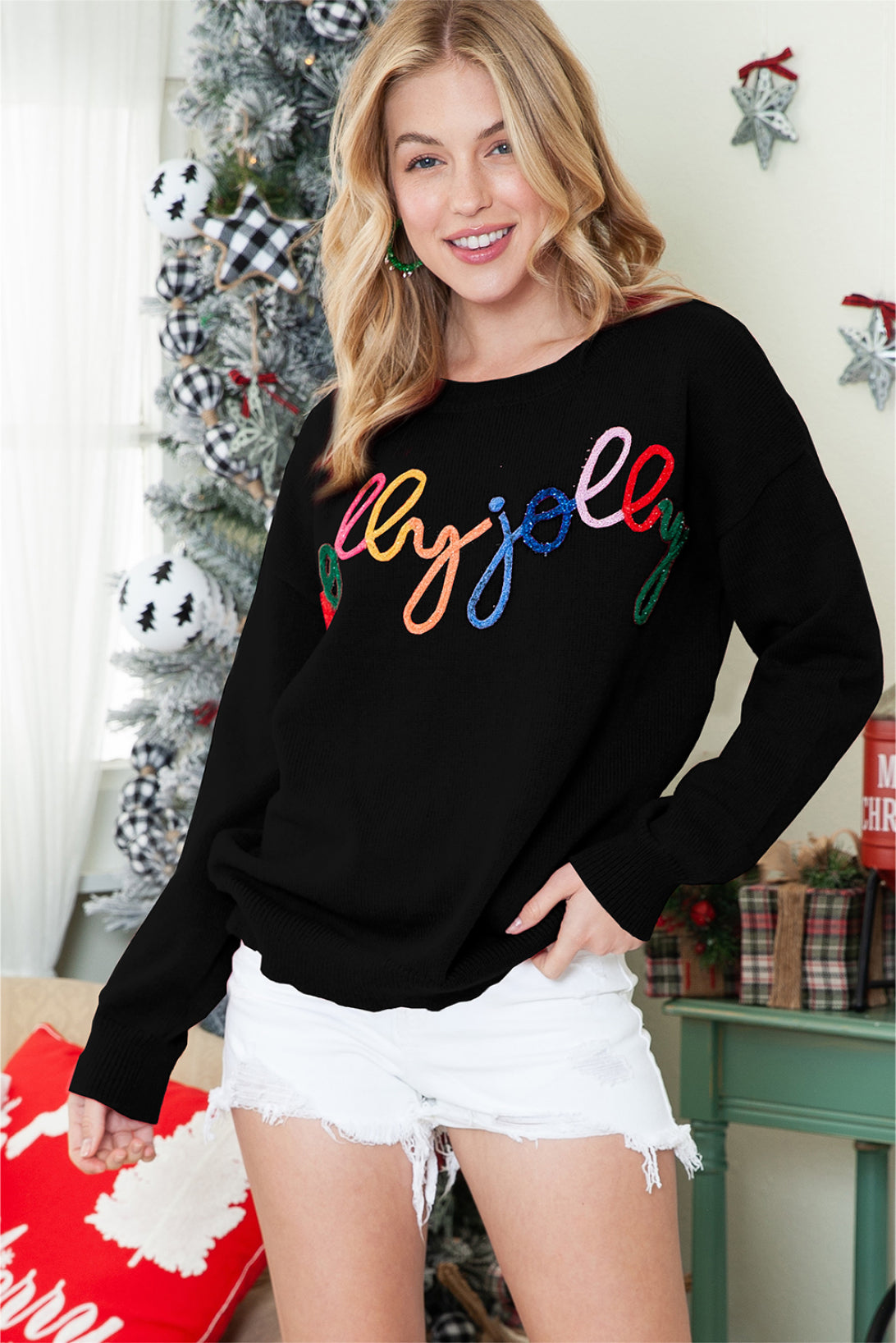 White Glitter Merry & Bright Round Neck Knit Sweater