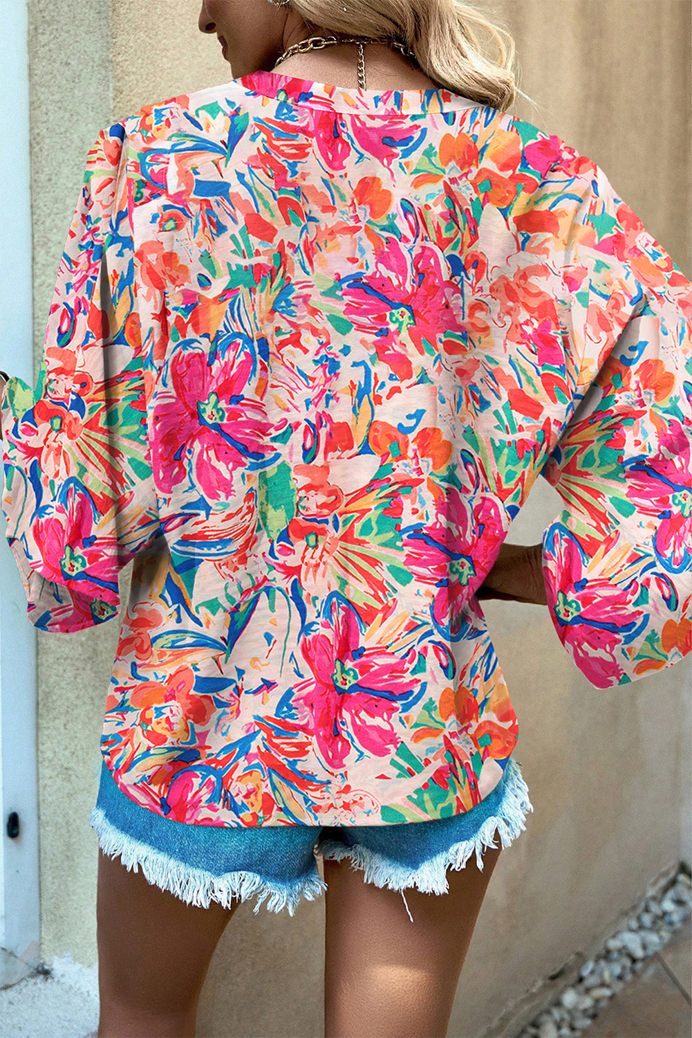 Multicolour Flower Print V Neck Bell Sleeve Blouse