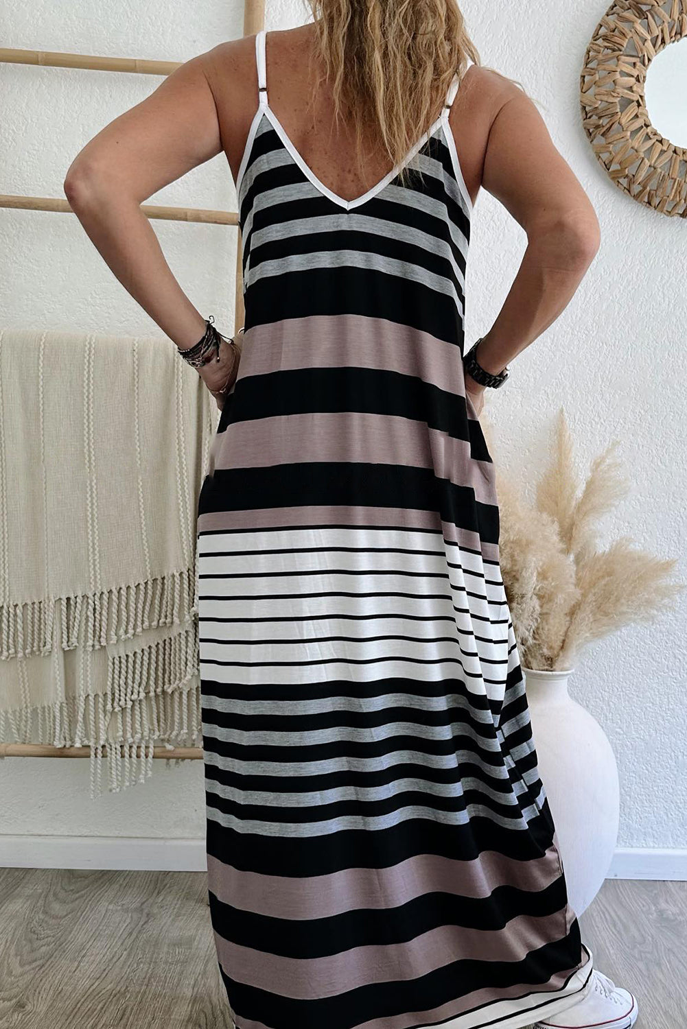 Multicolour Stripes Spaghetti Straps V Neck Maxi Dress