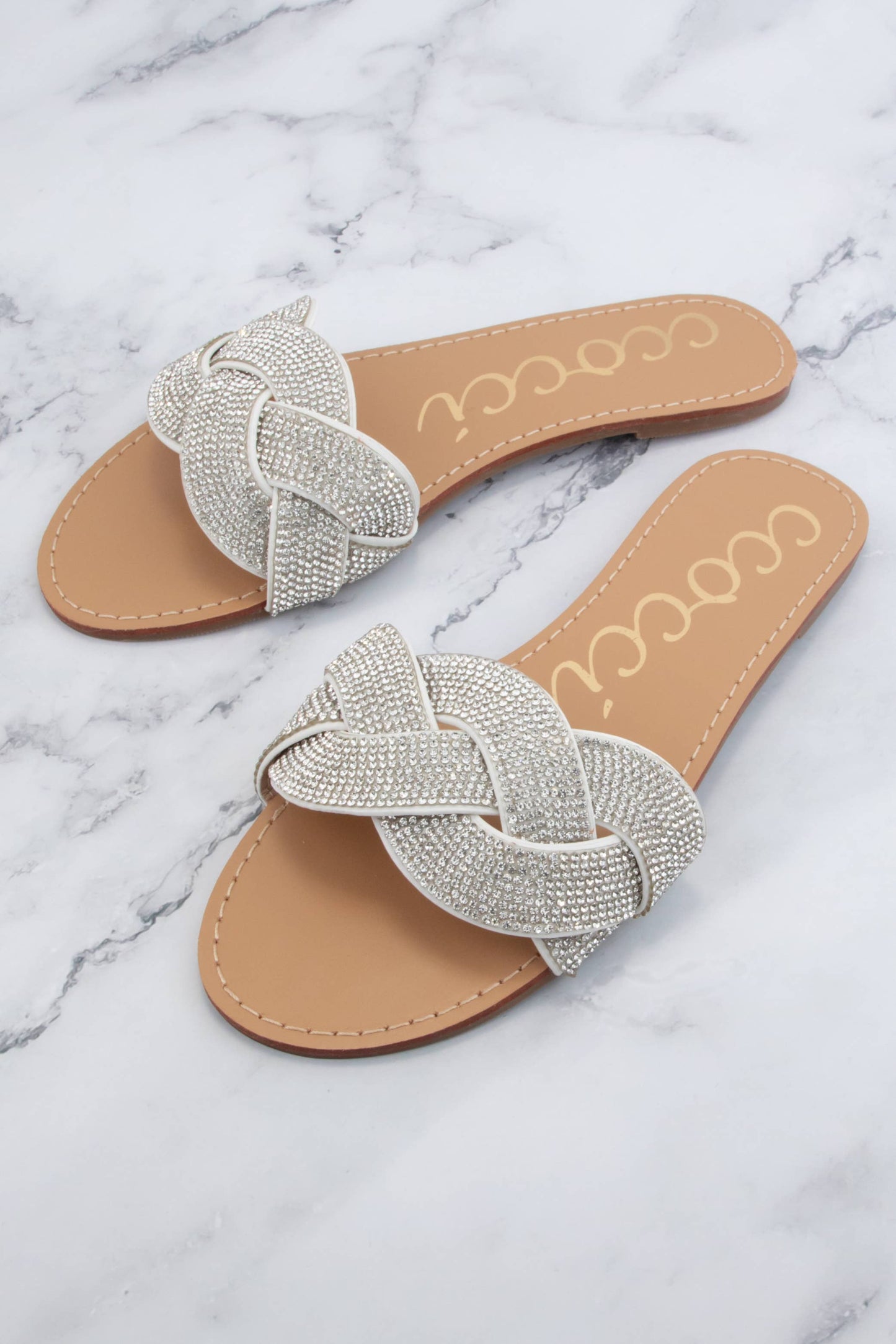TALIA BEDAZZLED TWISTED BOLD BAND UPPER SLIDE SANDAL