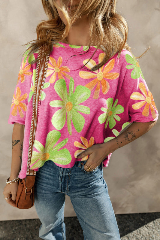 Rose 60s Vintage Flower Print Batwing Sleeve T Shirt