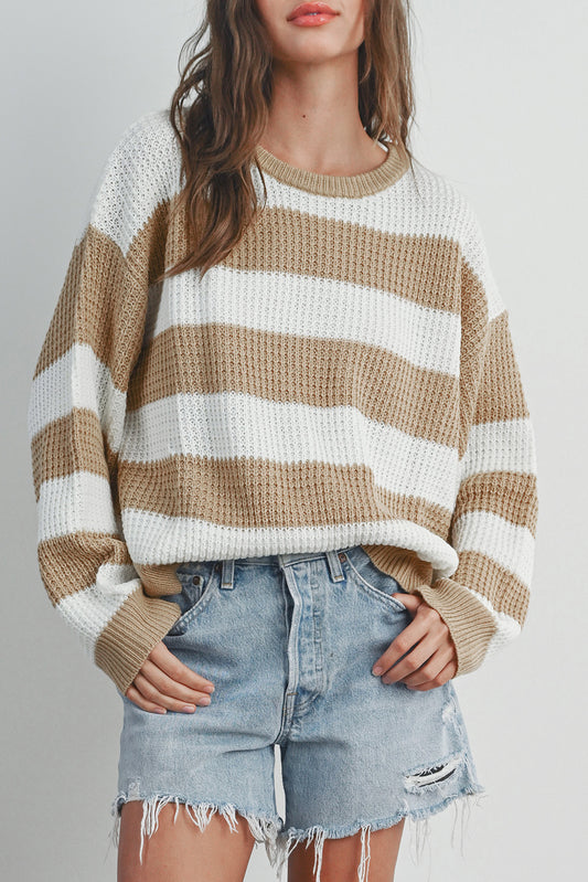 Light French Beige Striped Drop Shoulder Side Slit Sweater