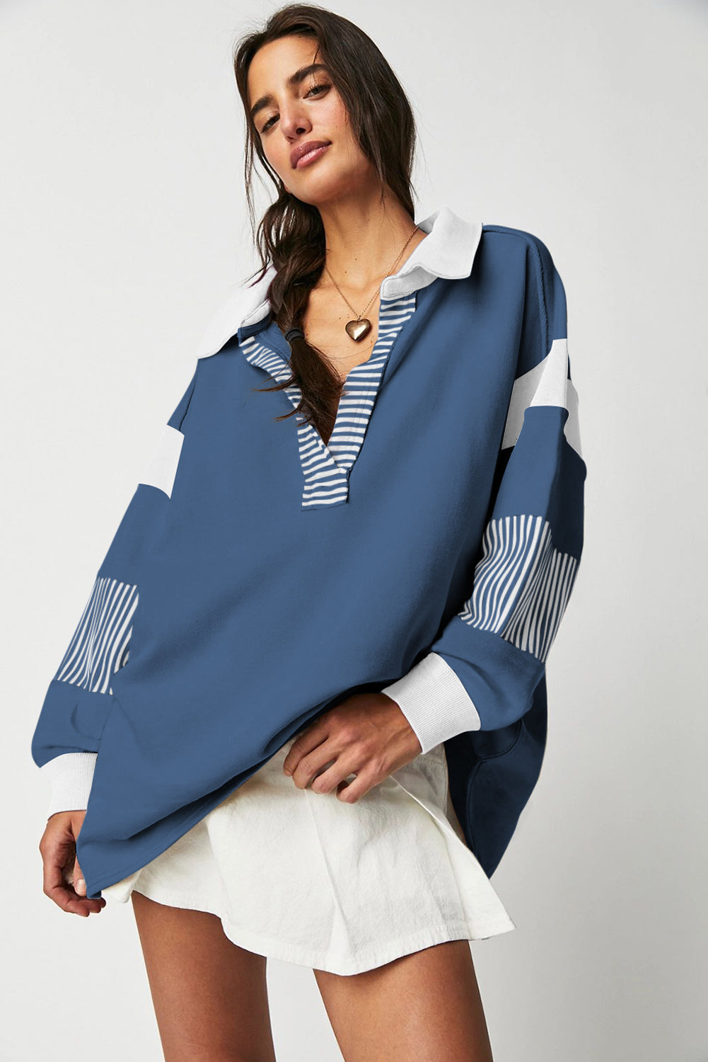 Sail Blue Striped Patchwork Collar Sweatshirt