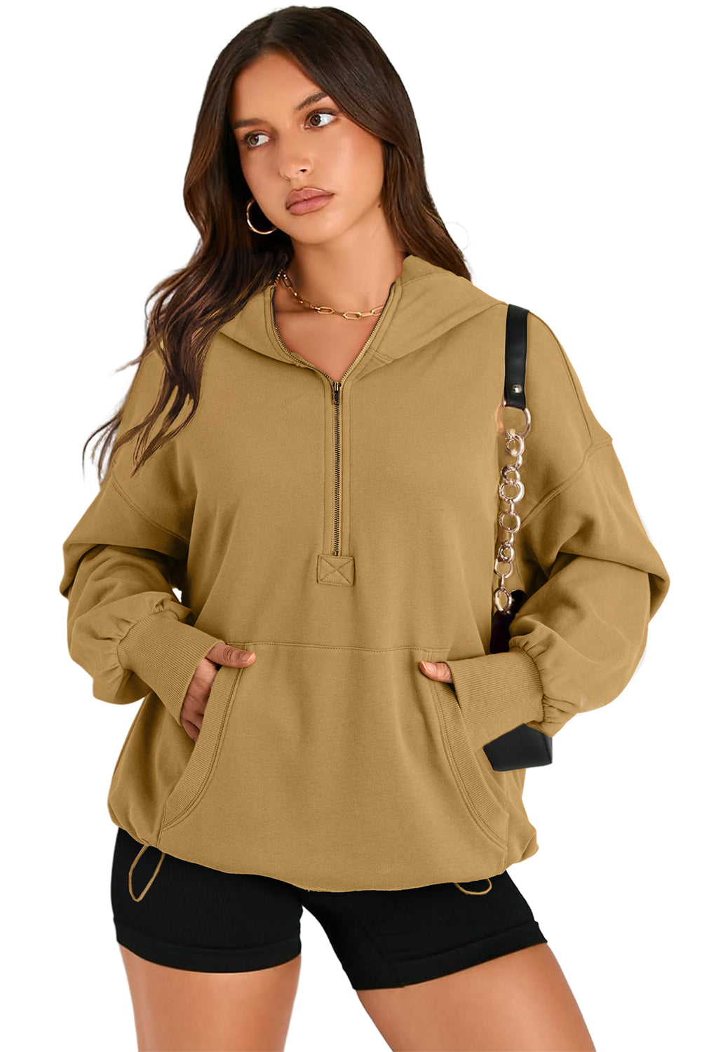 Parchment Kangaroo Pocket Half Zipper Oversized Hoodie