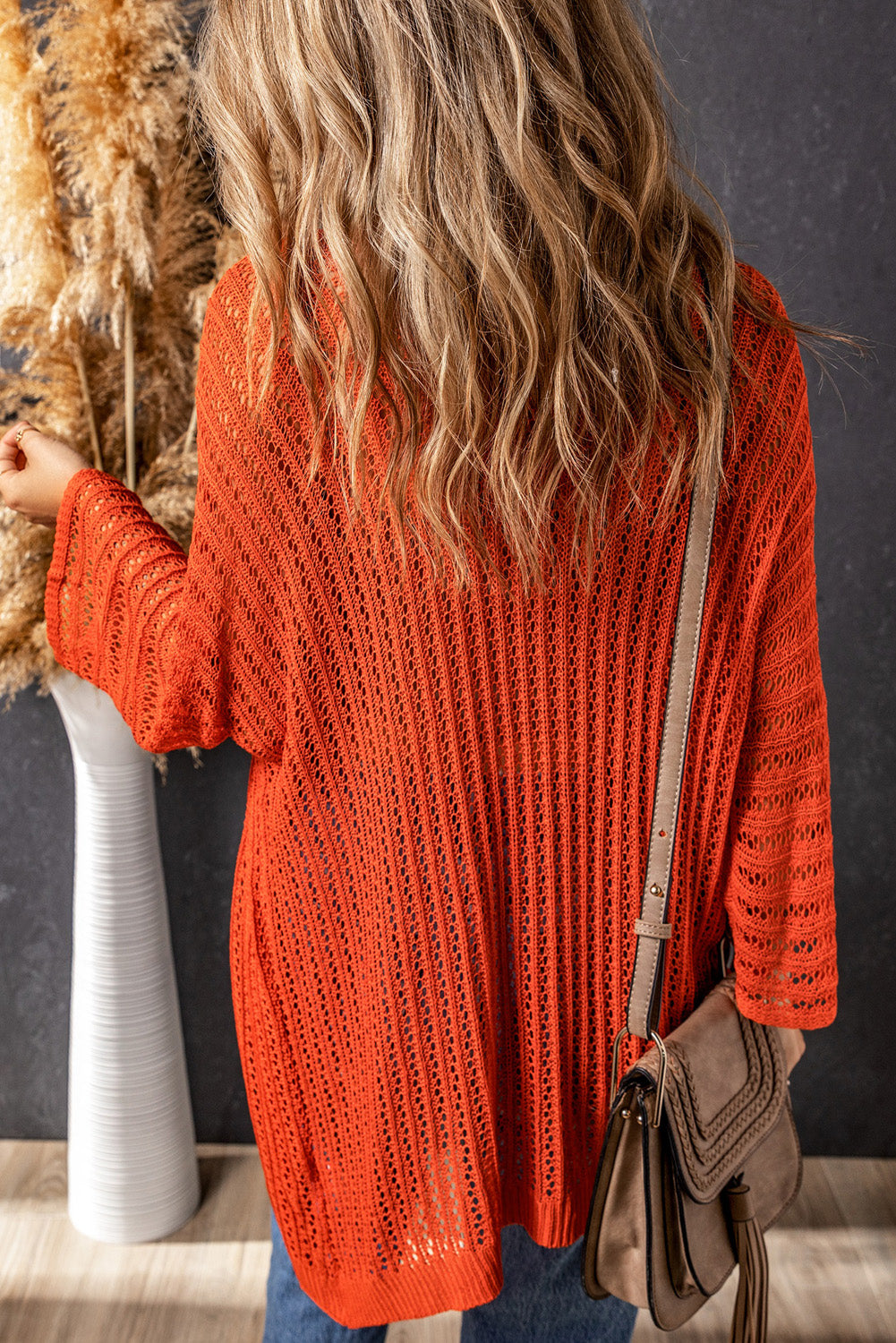 Khaki Hollow-out Bracelet Sleeve Knit Cardigan