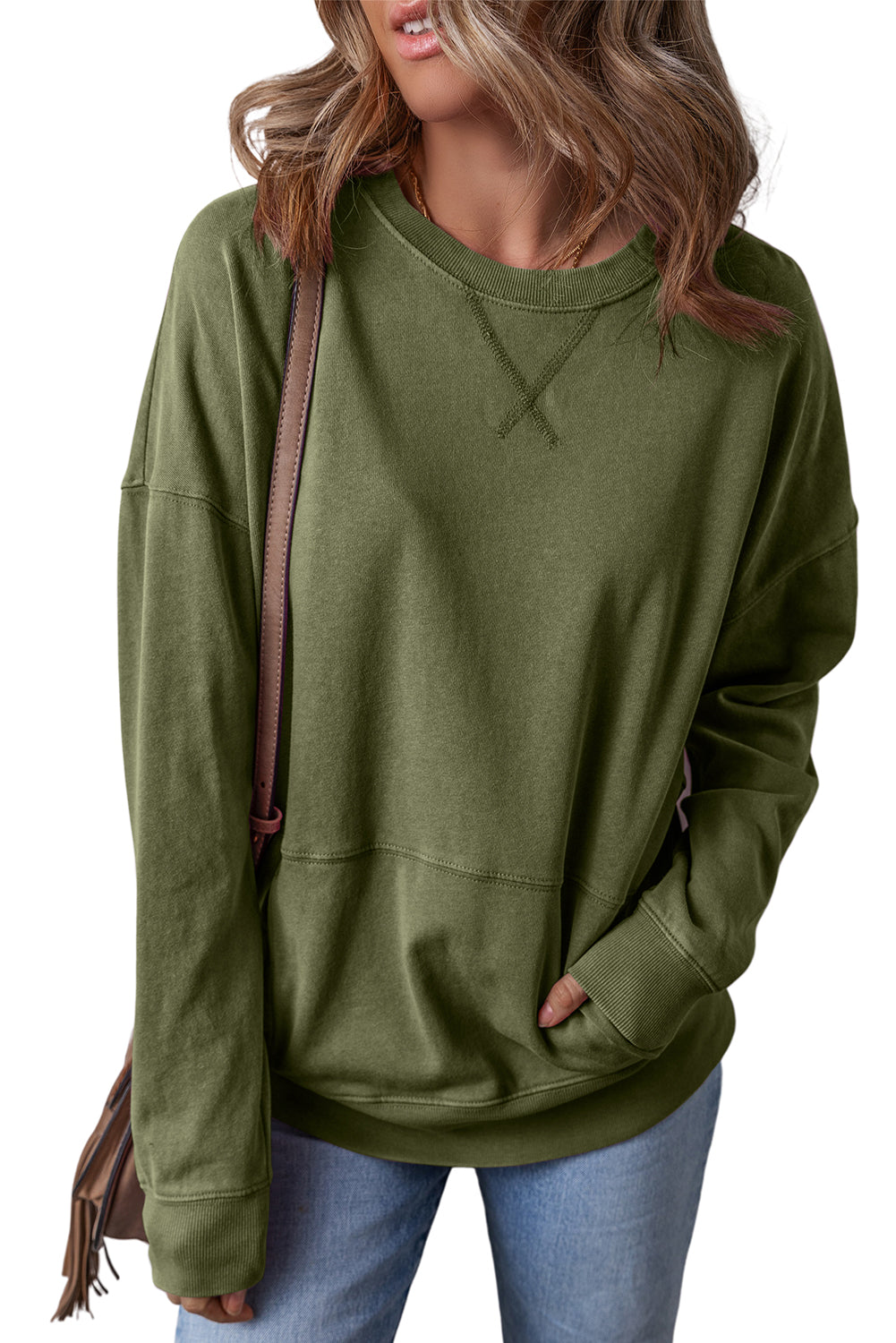 Rose Red Kangaroo Pocket Loose Fit Drop Shoulder Sweatshirt