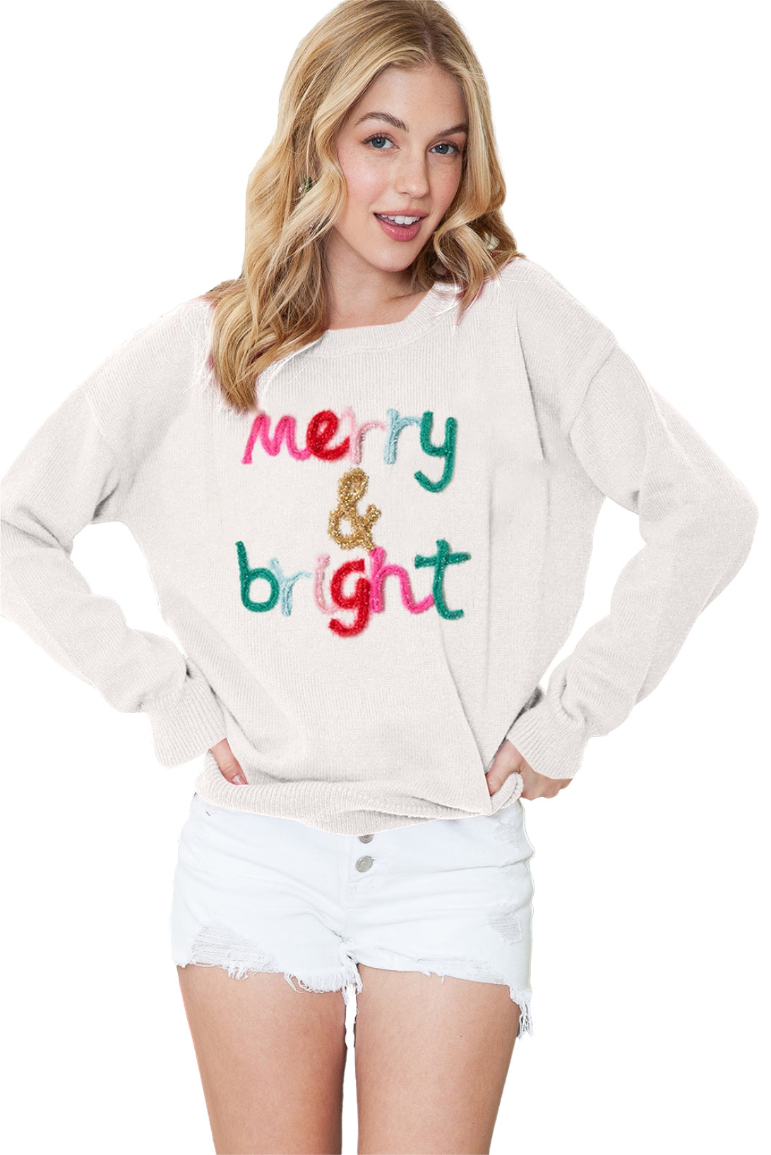 White Glitter Merry & Bright Round Neck Knit Sweater