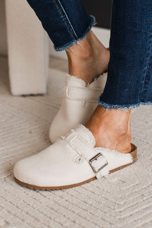 Beige Woven Linen Distressed Buckle Decor Slippers