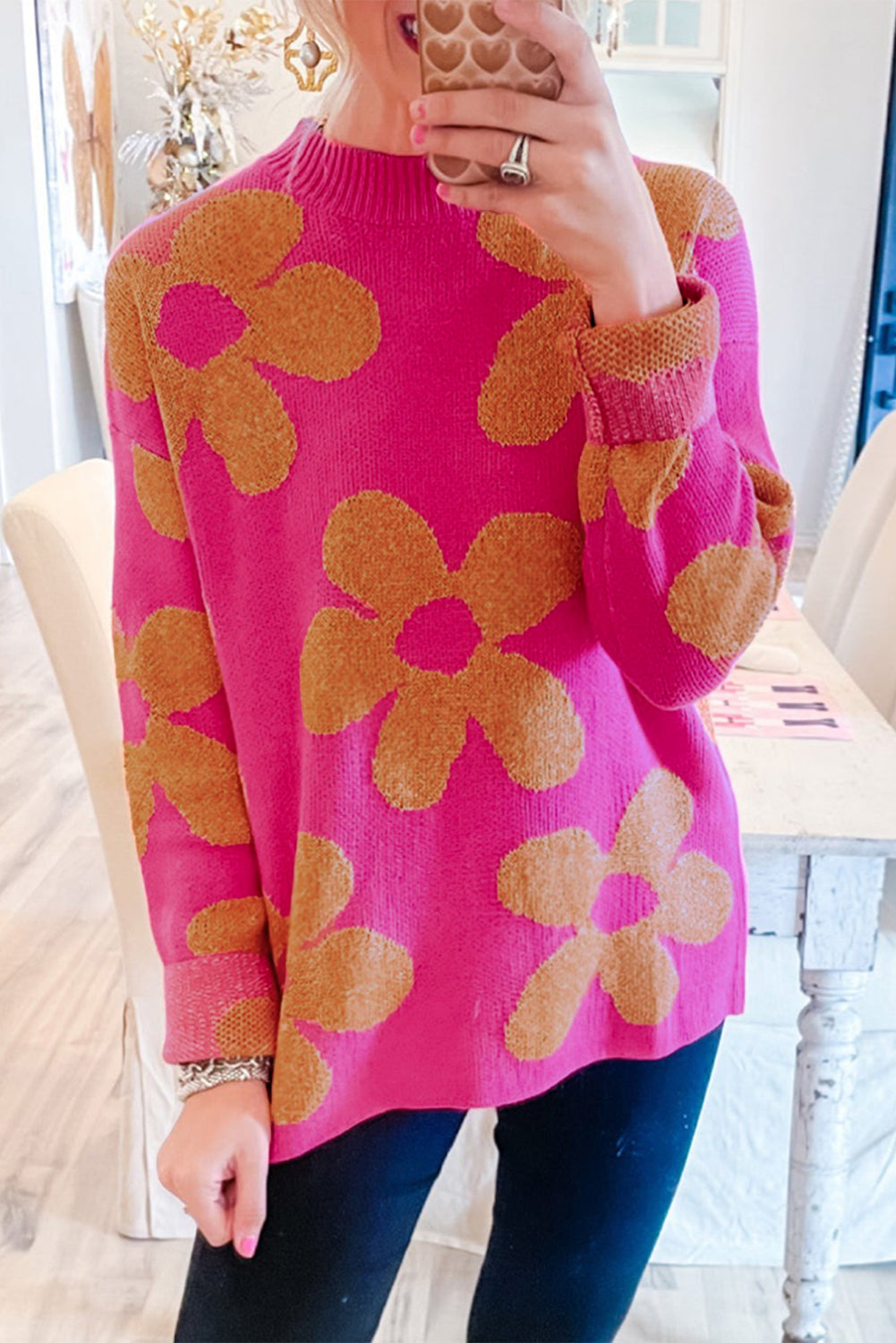 Rose 60s Vintage Flower Pattern Long Sleeve Sweater