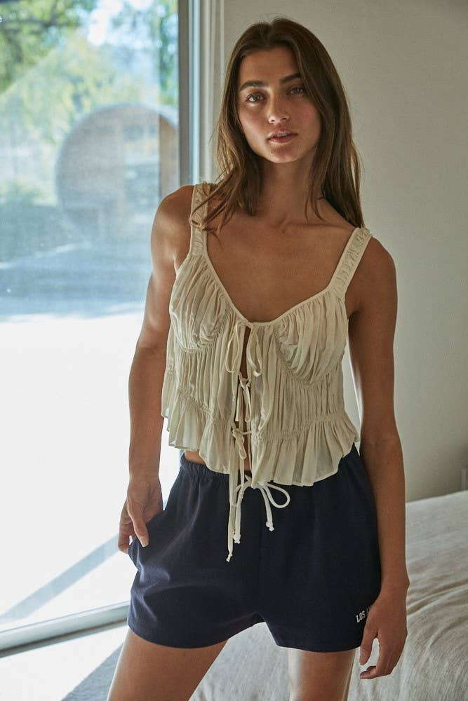 Woven Rayon Plunged V-Neck Sleeveless Smocked Top