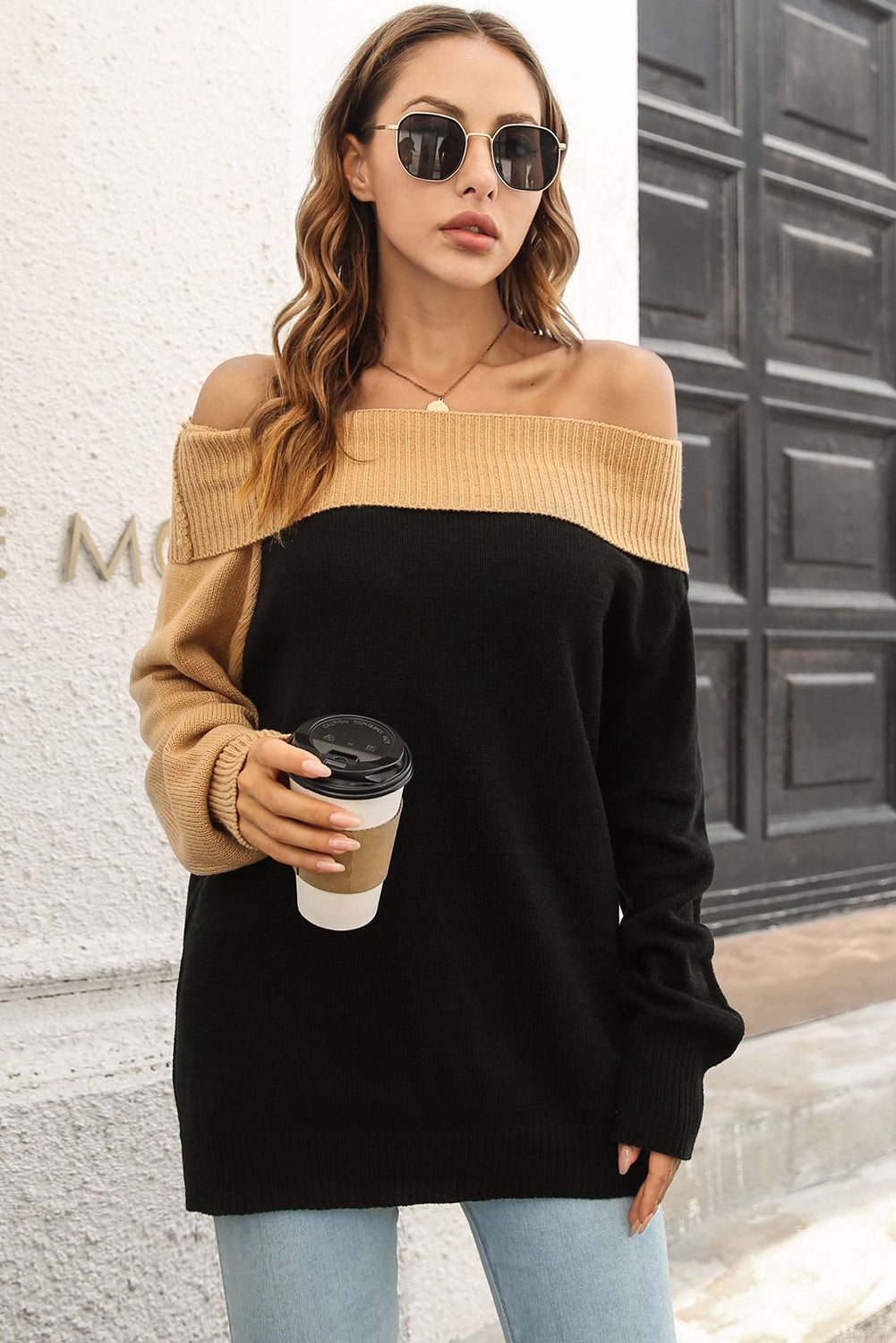 Black Two Tone Contrast Off The Shoulder One Collar Sweater