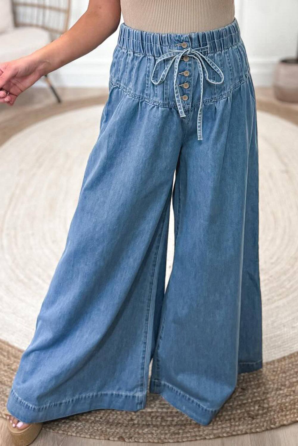 Dusk Blue Mineral Wash Button High Waist Wide Leg Jeans