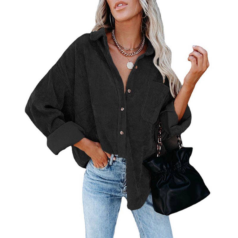 Oversized Corduroy Button-Up Shirt with Chest Pocket